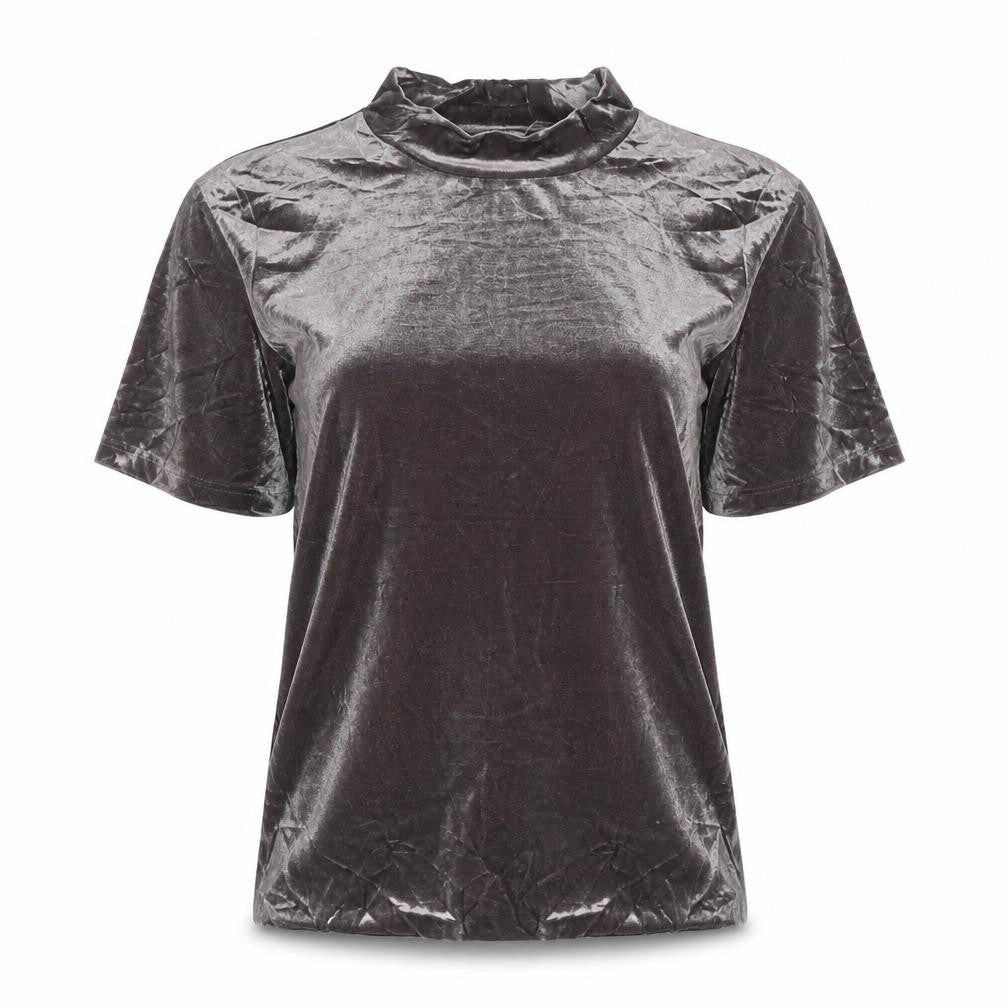 Zara Women Grey Velvet High Neck Short Sleeve T-Shirt Size M