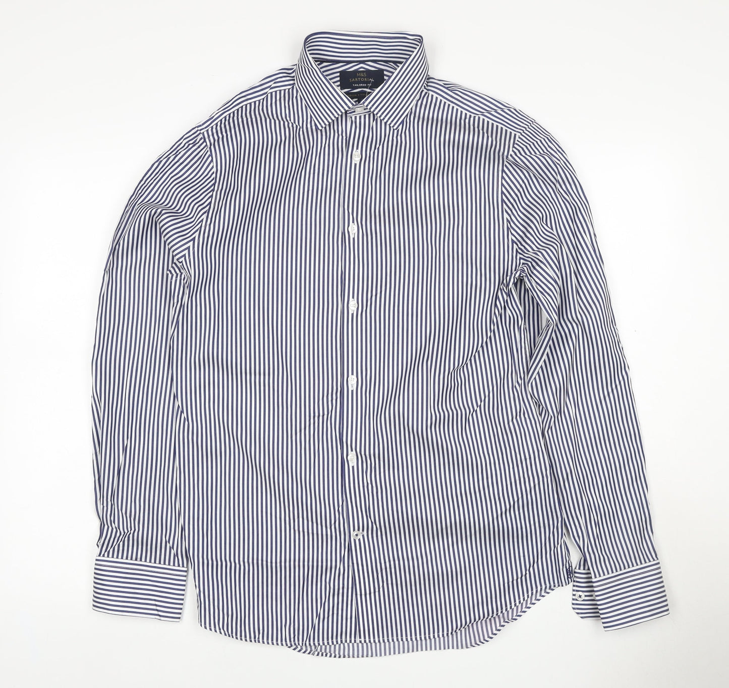 Marks & Spencer Sartorial Men Blue Stripe Slim Fit Cotton Shirt 15 Long Sleeve