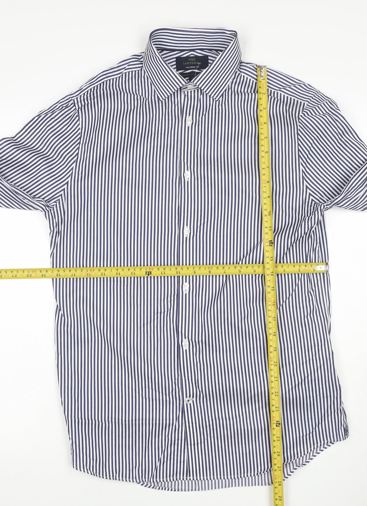 Marks & Spencer Sartorial Men Blue Stripe Slim Fit Cotton Shirt 15 Long Sleeve