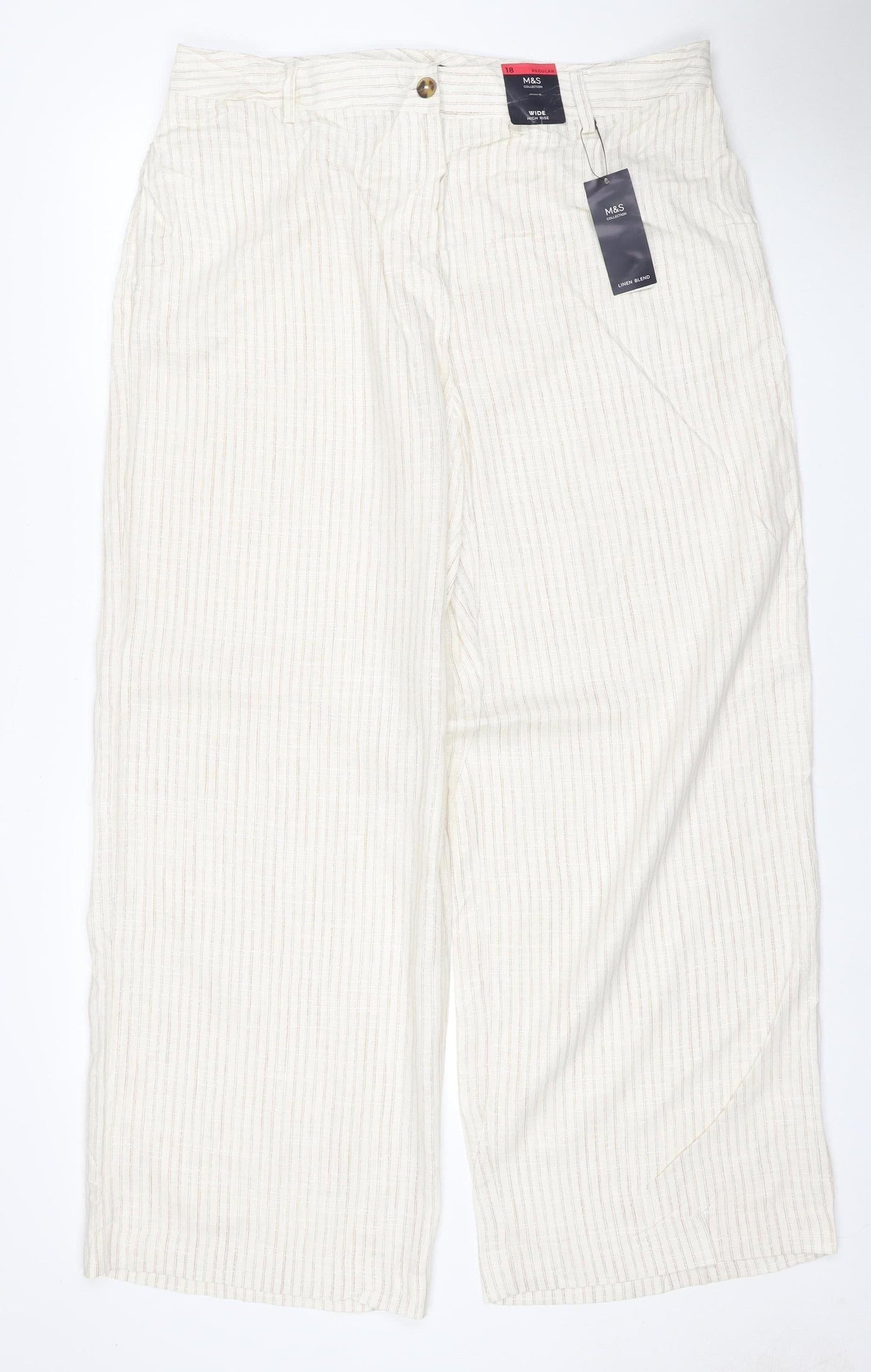 Marks & Spencer Women Ivory Stripe Wide Leg Trousers UK 18 Regular