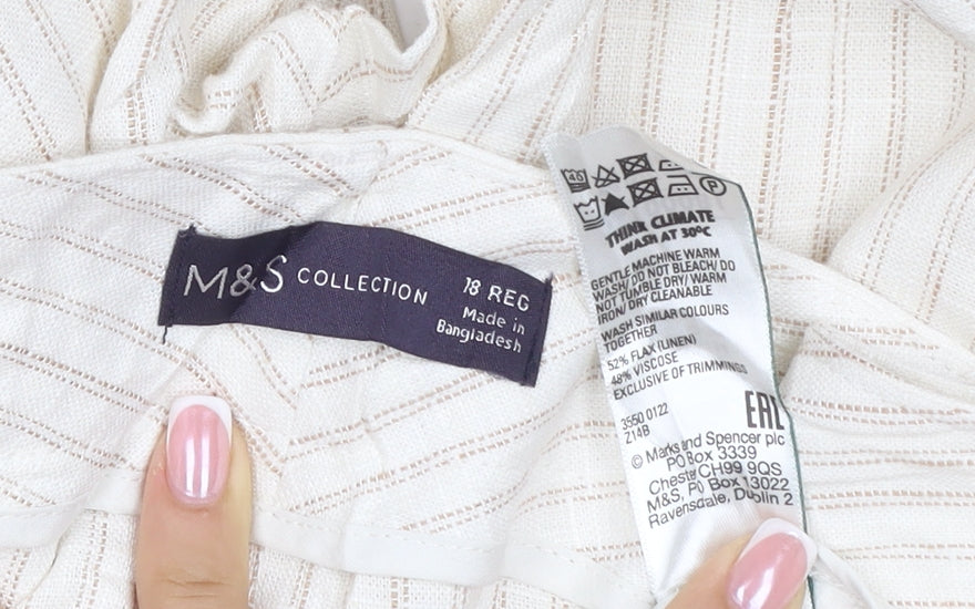Marks & Spencer Women Ivory Stripe Wide Leg Trousers UK 18 Regular