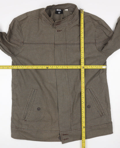 Close-up detail of BDG Men’s Brown Check Cotton Button Front Jacket, size M