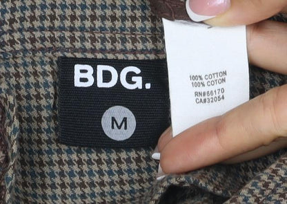Brand and care label for BDG Men’s Brown Check Cotton Button Front Jacket, size M