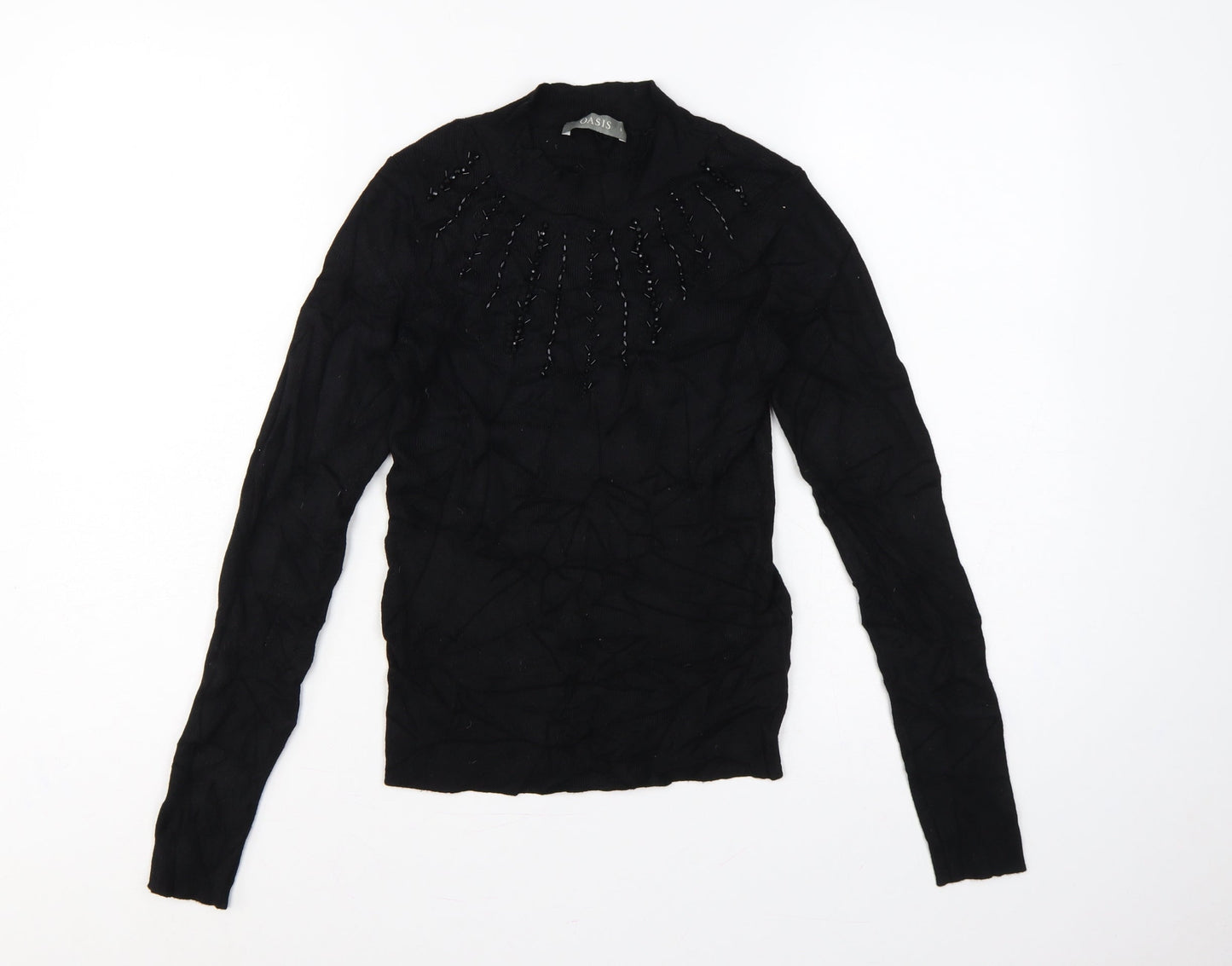 Oasis Women Black Size S Beaded High Neck Long Sleeve Knit Jumper