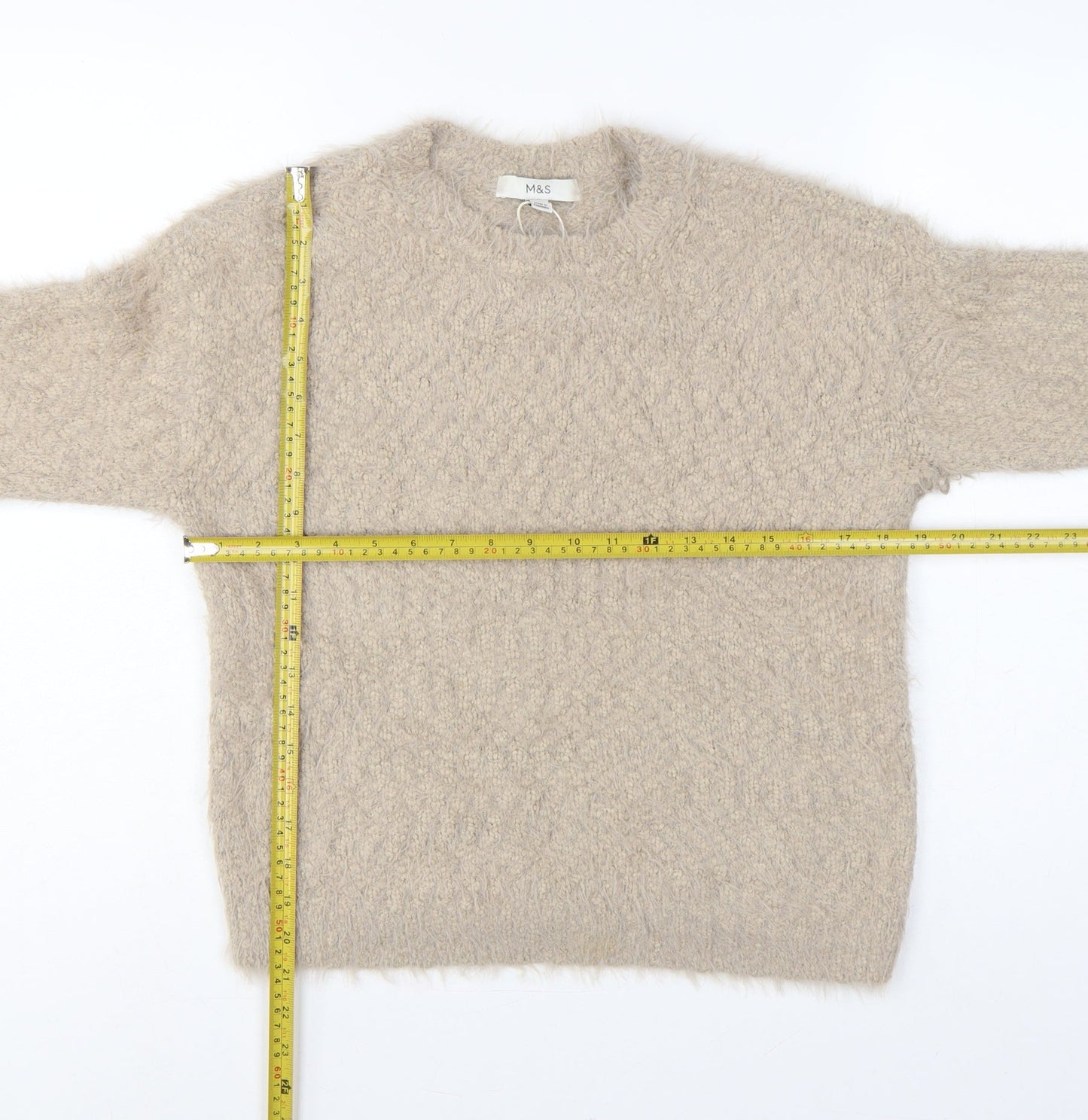 Marks & Spencer Women Beige Size S Fuzzy Knit Crew Neck Jumper