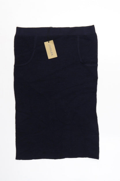 Additional front view of Jaeger Women’s Navy S Rib Knit Wool Pencil Midi Skirt with Pockets