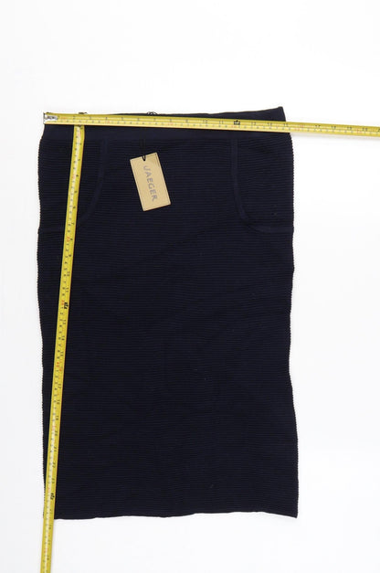 Back view of Jaeger Women’s Navy S Rib Knit Wool Pencil Midi Skirt with Pockets
