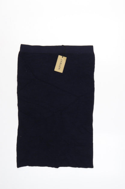 Close-up detail of Jaeger Women’s Navy S Rib Knit Wool Pencil Midi Skirt with Pockets