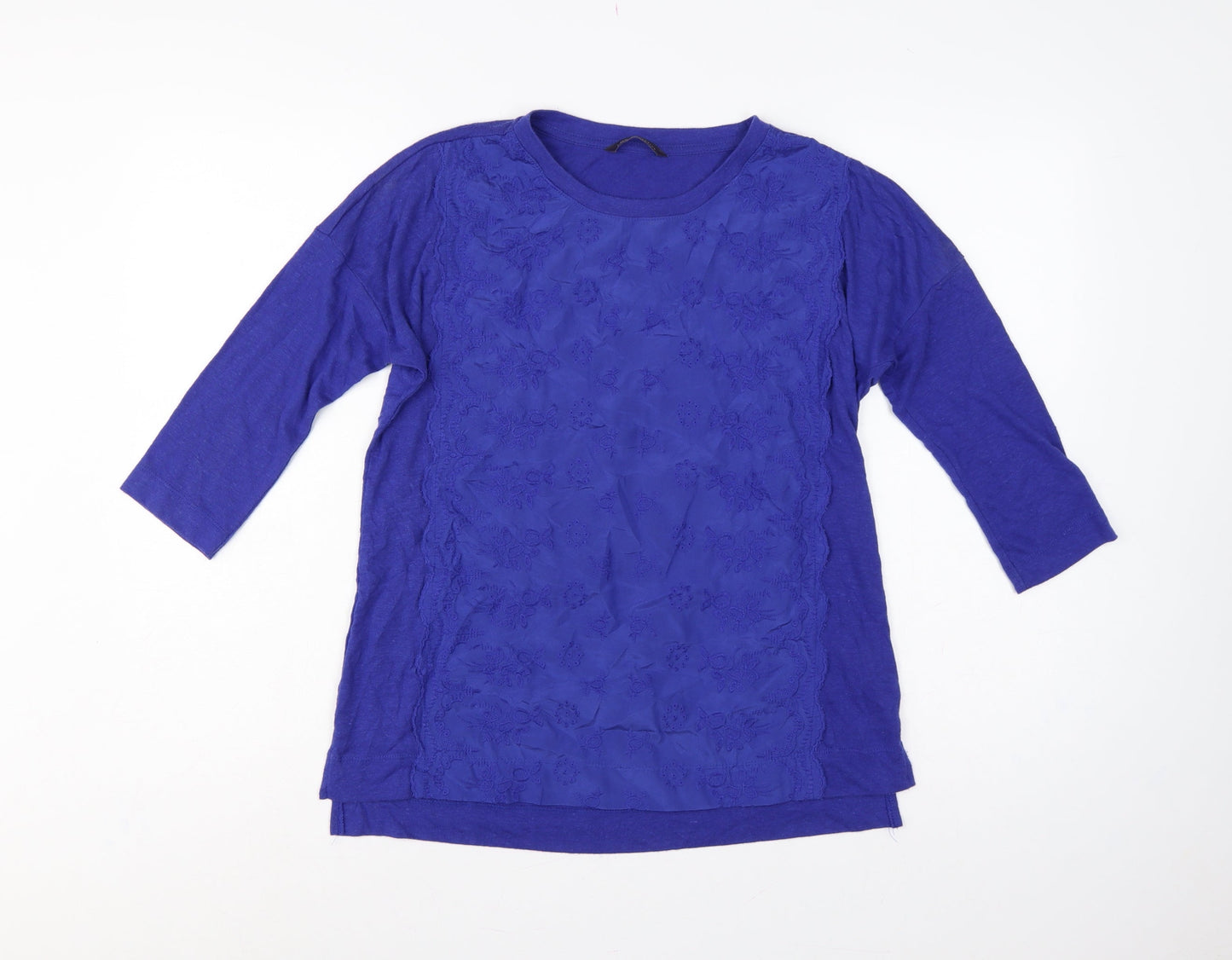 Marks & Spencer Women Blue UK 12 Embroidered Floral Linen Blend Tunic Top