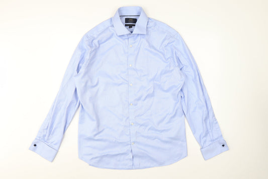 Marks and Spencer Men Blue L 17in Slim Herringbone Cotton Dress Shirt