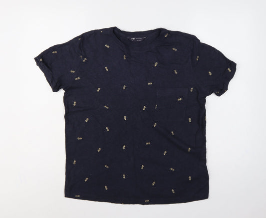 Marks and Spencer Women Blue Size 12 Pineapple Cotton Pocket T-Shirt