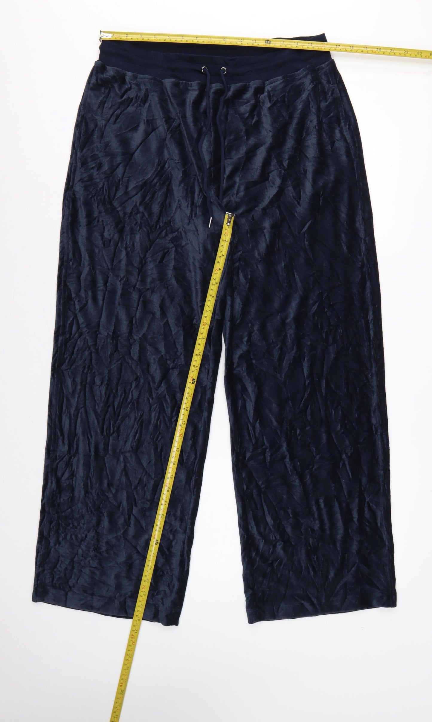 M&S Womens Blue UK 16 Regular Crushed Velour Wide-Leg Drawstring Trousers