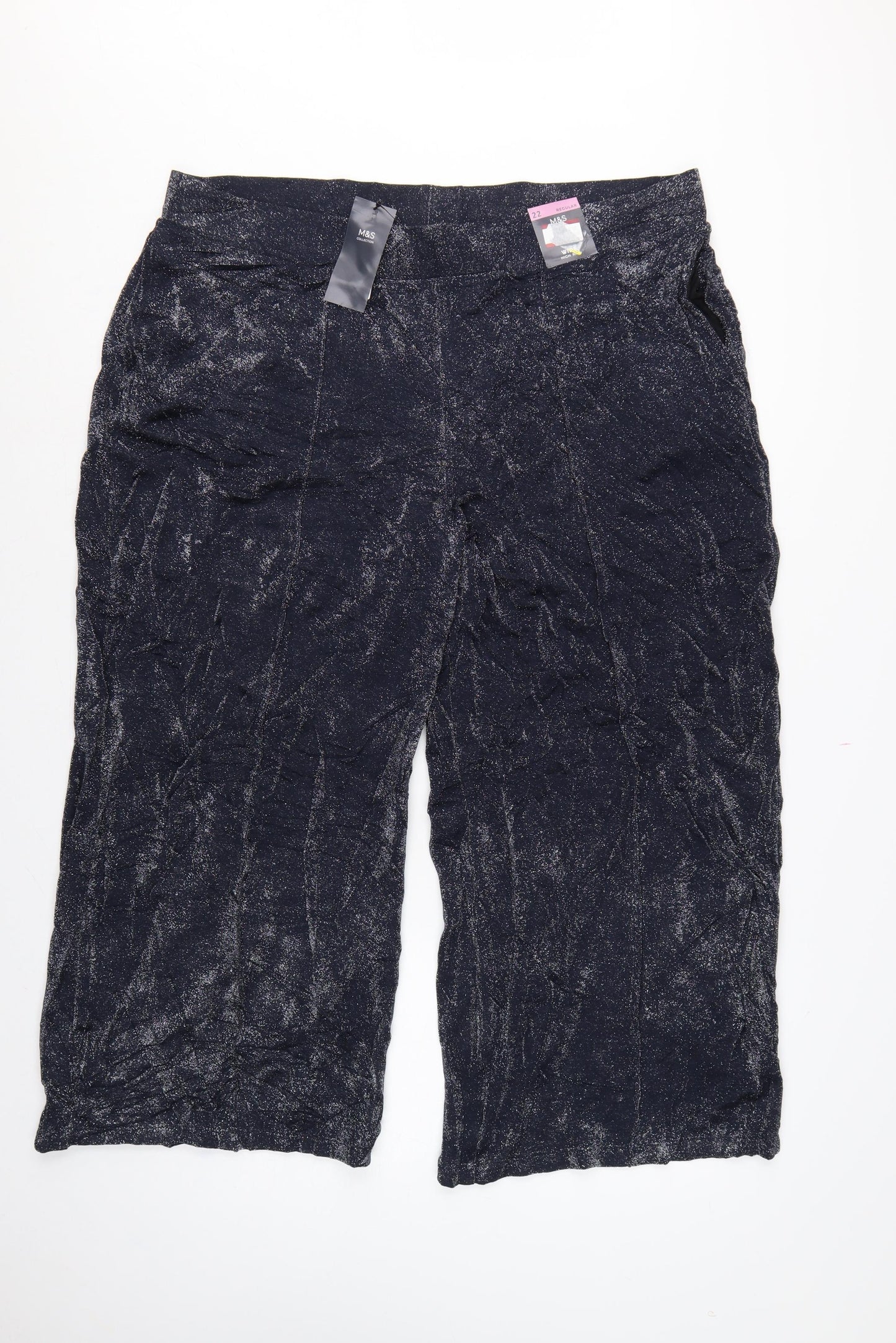 Marks & Spencer Womens Blue Glitter Wide-Leg Cropped Trousers UK 22 Regular