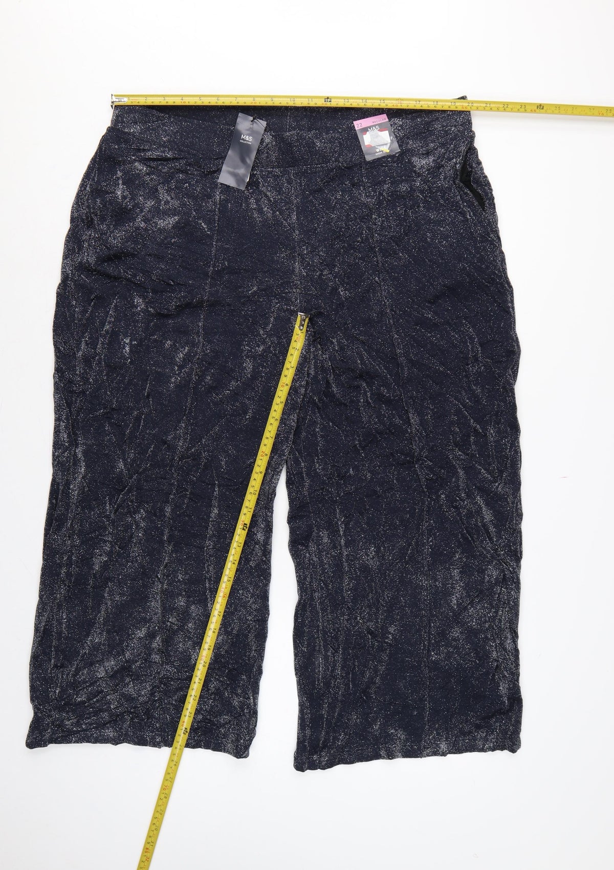 Marks & Spencer Womens Blue Glitter Wide-Leg Cropped Trousers UK 22 Regular