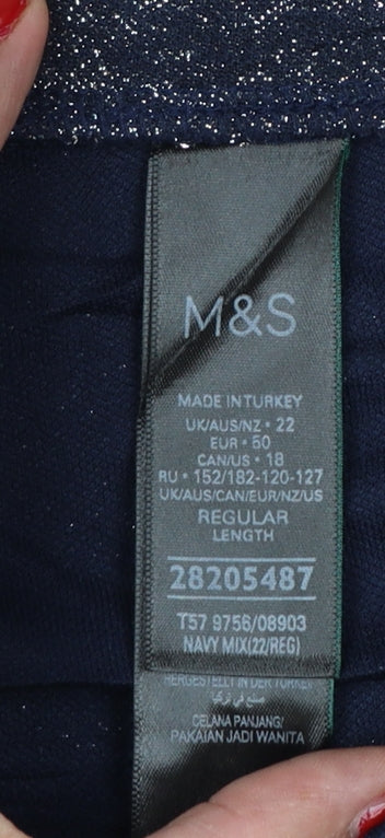 Marks & Spencer Womens Blue Glitter Wide-Leg Cropped Trousers UK 22 Regular