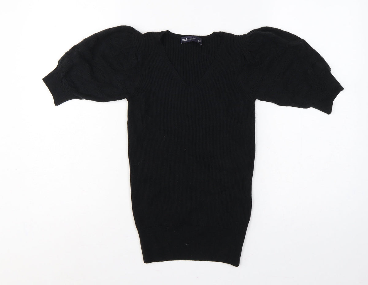 Marks & Spencer Collection Women’s Black UK 6 V-Neck Cable Knit Puff Sleeve Jumper