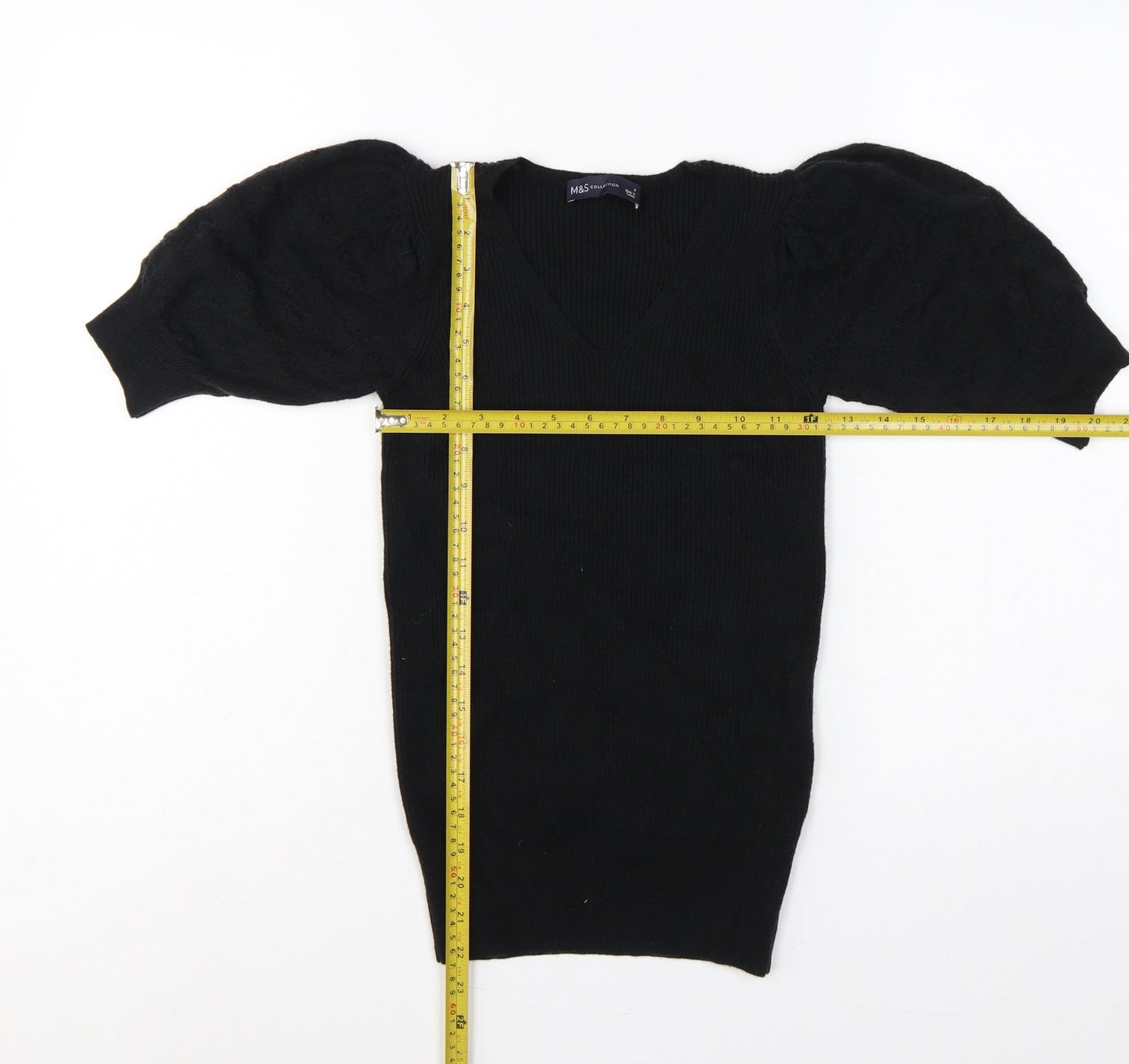 Marks & Spencer Collection Women’s Black UK 6 V-Neck Cable Knit Puff Sleeve Jumper