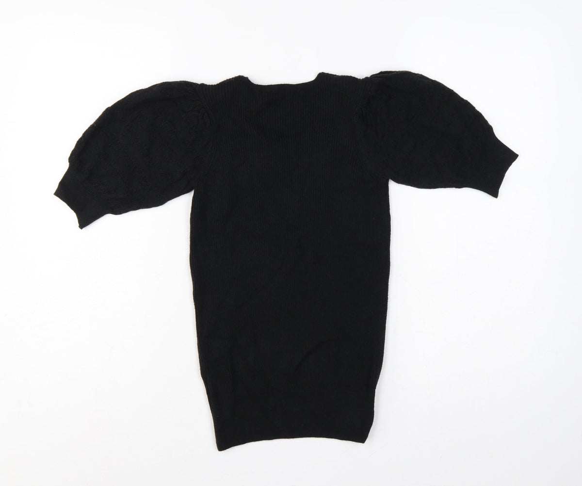 Marks & Spencer Collection Women’s Black UK 6 V-Neck Cable Knit Puff Sleeve Jumper
