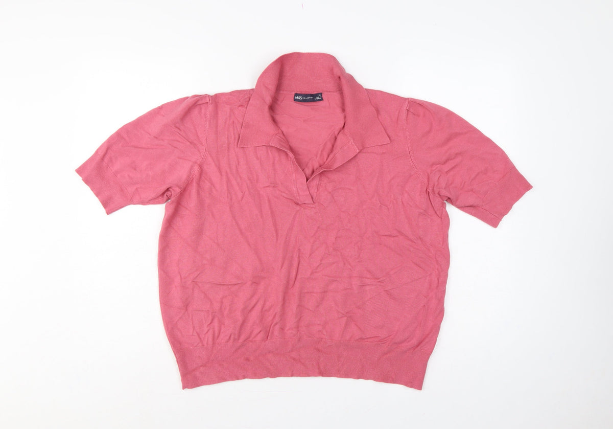 Marks & Spencer Womens Pink Size 20 Collared Short Sleeve Fine Knit Jumper