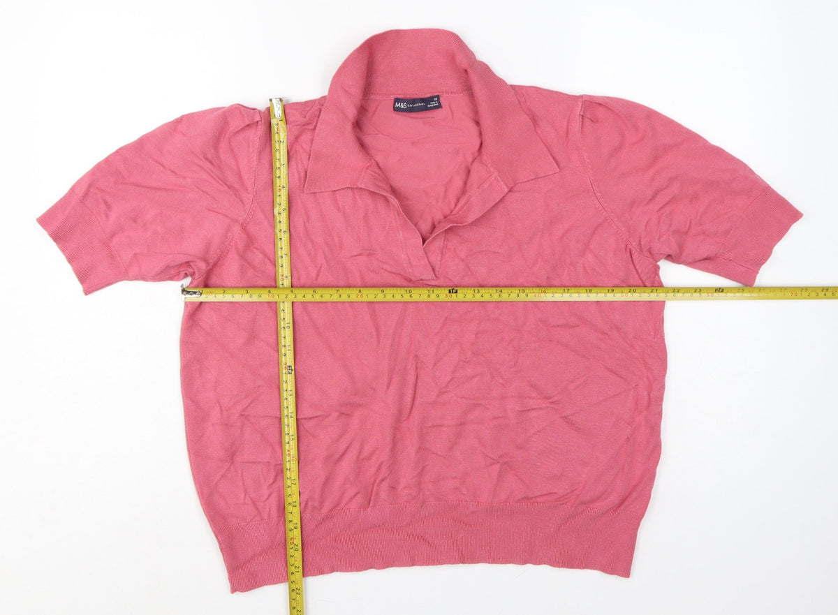 Marks & Spencer Womens Pink Size 20 Collared Short Sleeve Fine Knit Jumper