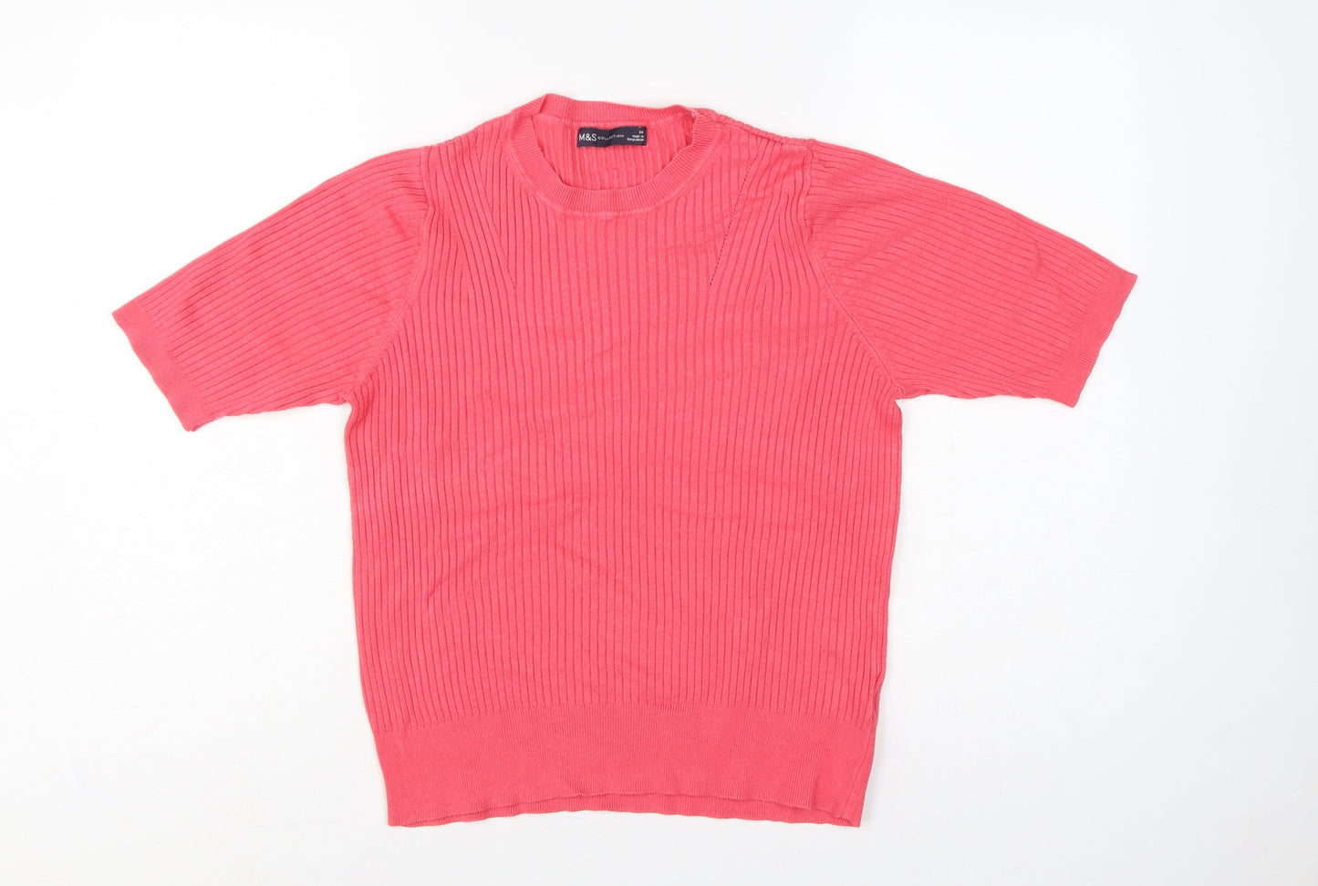 Marks & Spencer Women's Pink 14 Ribbed Short Sleeve Crew Neck Jumper