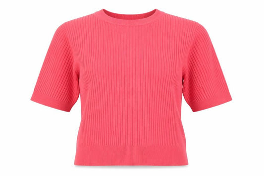 Marks & Spencer Women's Pink 14 Ribbed Short Sleeve Crew Neck Jumper