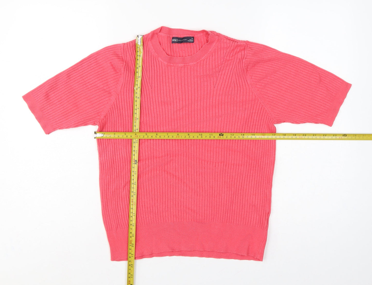 Marks & Spencer Women's Pink 14 Ribbed Short Sleeve Crew Neck Jumper