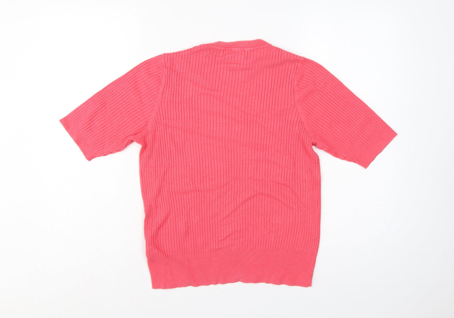 Marks & Spencer Women's Pink 14 Ribbed Short Sleeve Crew Neck Jumper