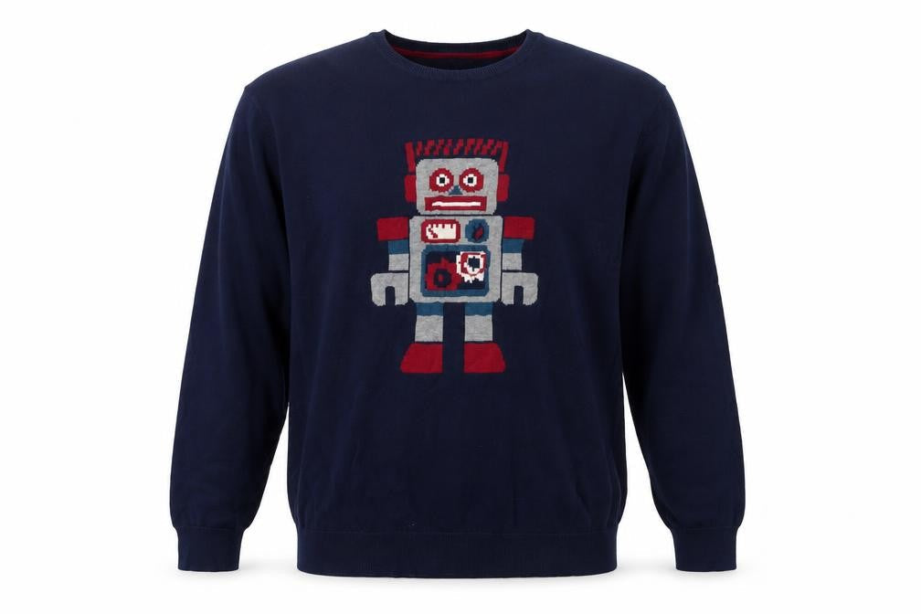 Club Room Men’s Blue 3XL Robot Graphic Pima Cotton Crew Neck Jumper
