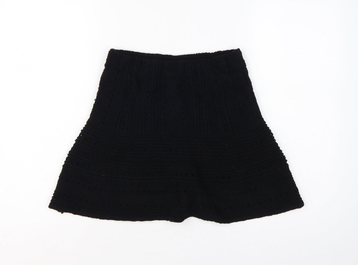 Zara Women Black S A-Line Mini Knit Cotton Blend Lined Skirt