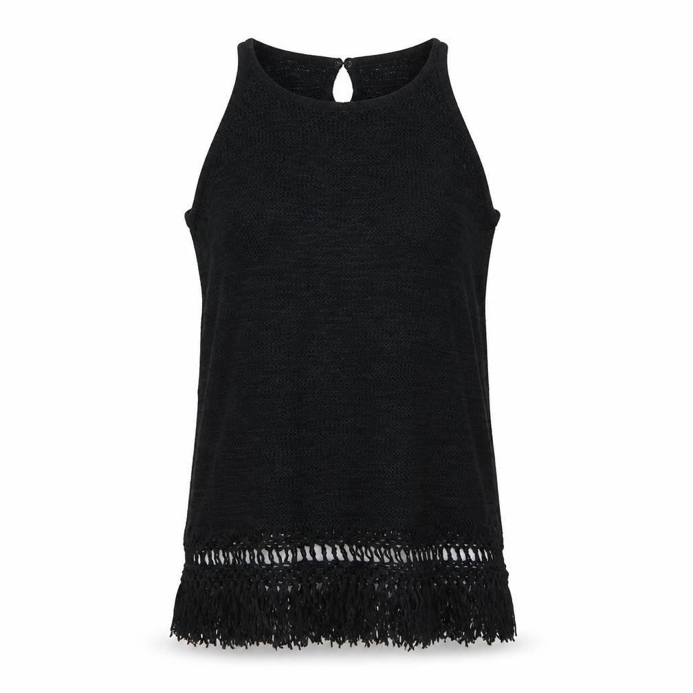 Next Women Black Large Knit Fringe Keyhole Sleeveless Tunic Tank Top