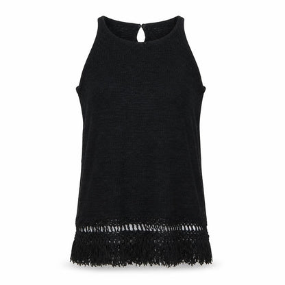 Next Women Black Large Knit Fringe Keyhole Sleeveless Tunic Tank Top
