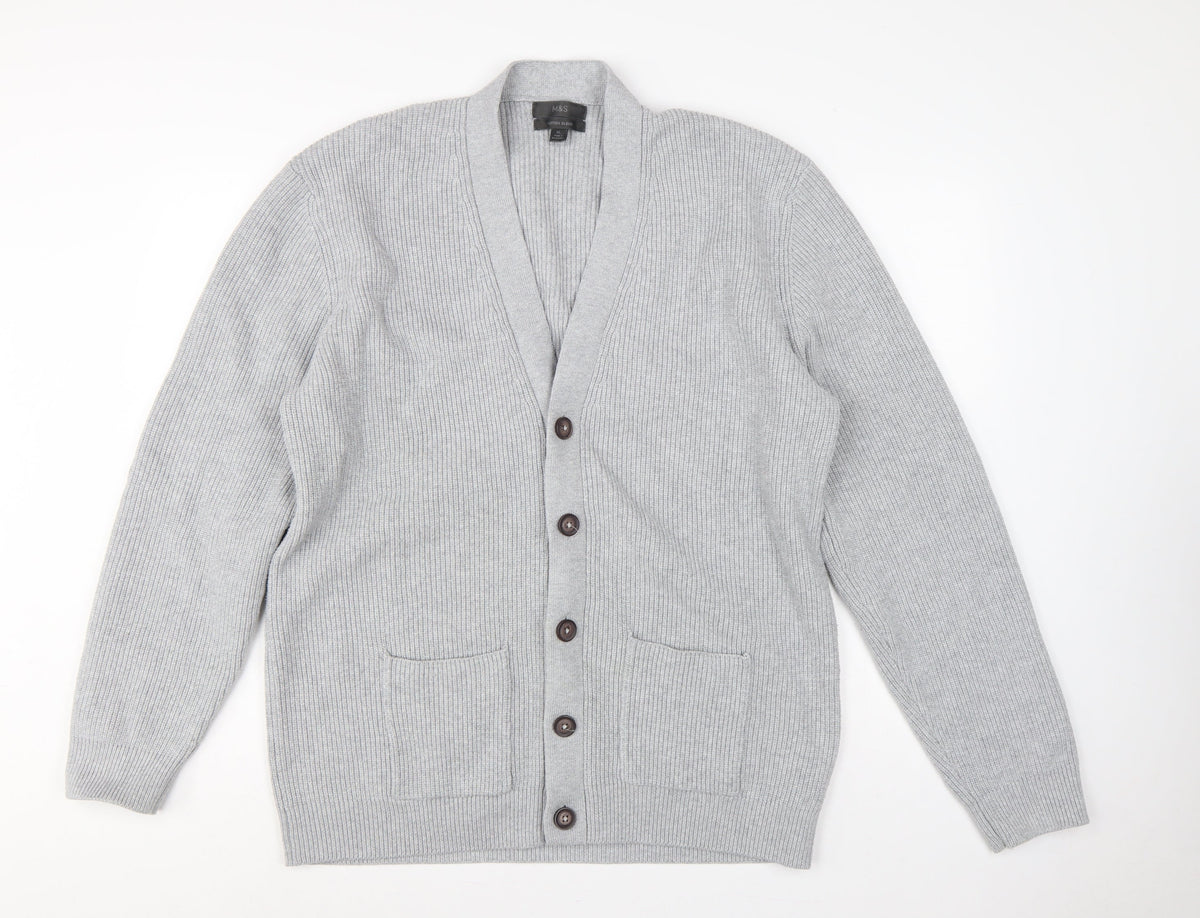 Marks & Spencer Men Grey XL Long Cotton Blend Rib Knit Cardigan