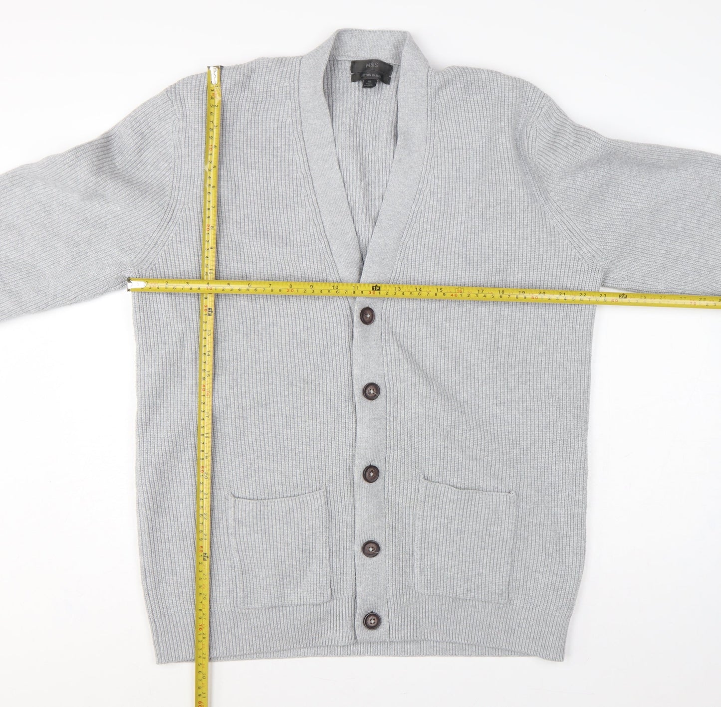 Marks & Spencer Men Grey XL Long Cotton Blend Rib Knit Cardigan