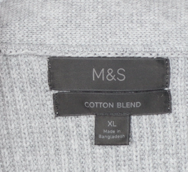Marks & Spencer Men Grey XL Long Cotton Blend Rib Knit Cardigan