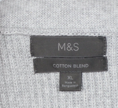 Marks & Spencer Men Grey XL Long Cotton Blend Rib Knit Cardigan