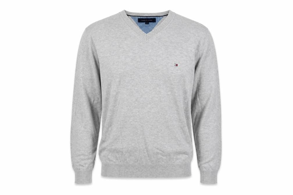 Tommy Hilfiger Men’s Grey L V-Neck Cotton Logo Pullover Jumper