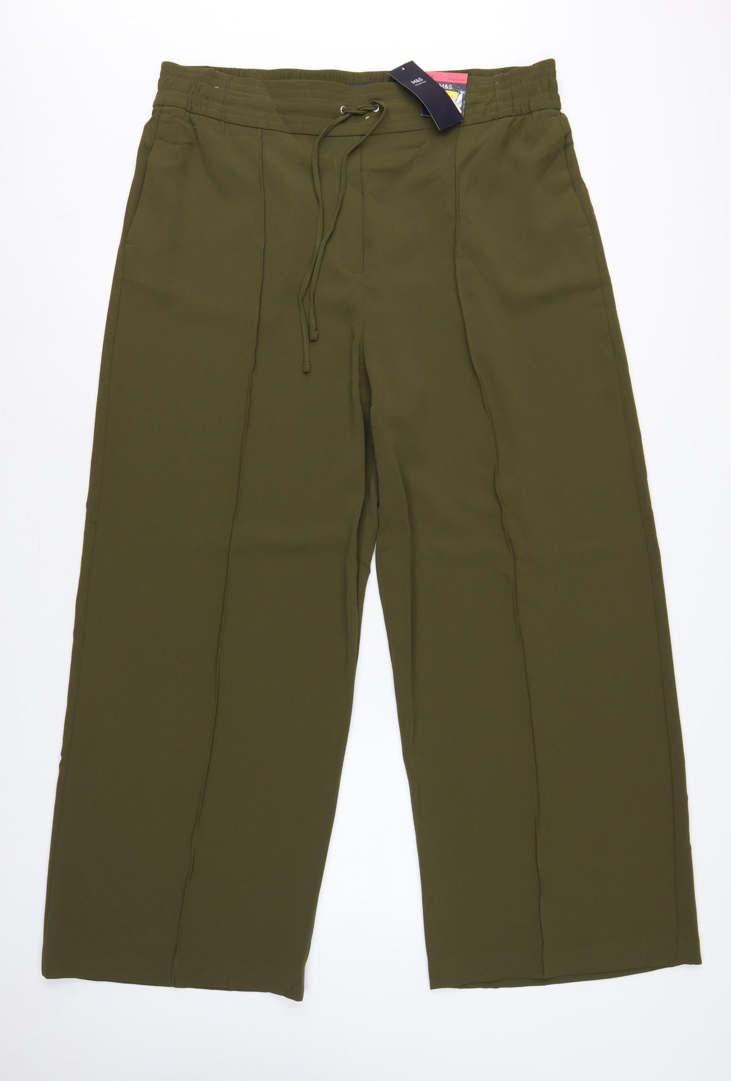 Marks & Spencer Women Green UK 18 Regular Wide-Leg Drawstring Trousers