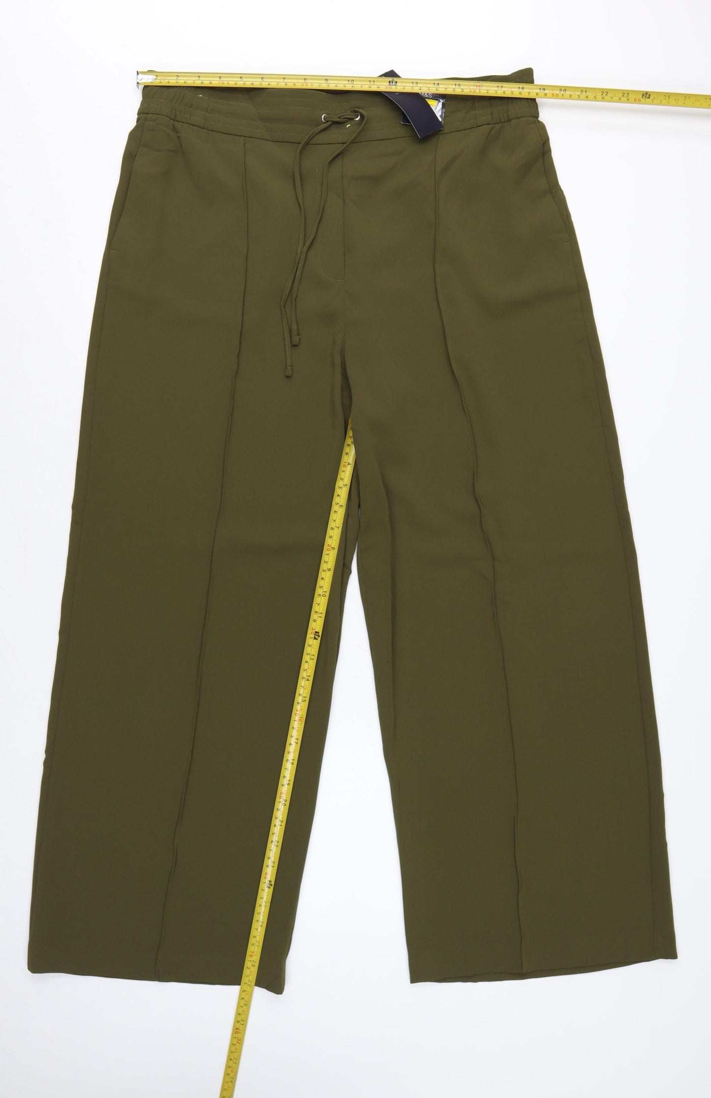 Marks & Spencer Women Green UK 18 Regular Wide-Leg Drawstring Trousers