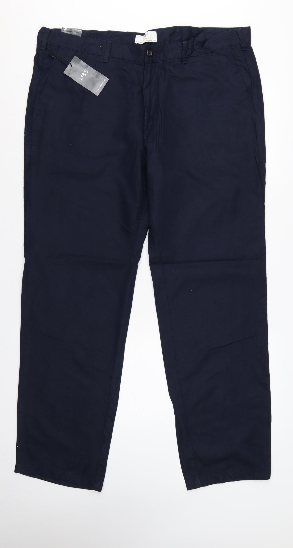 Marks & Spencer Men Blue 42 33 Regular Fit Linen Cotton Chino Trousers