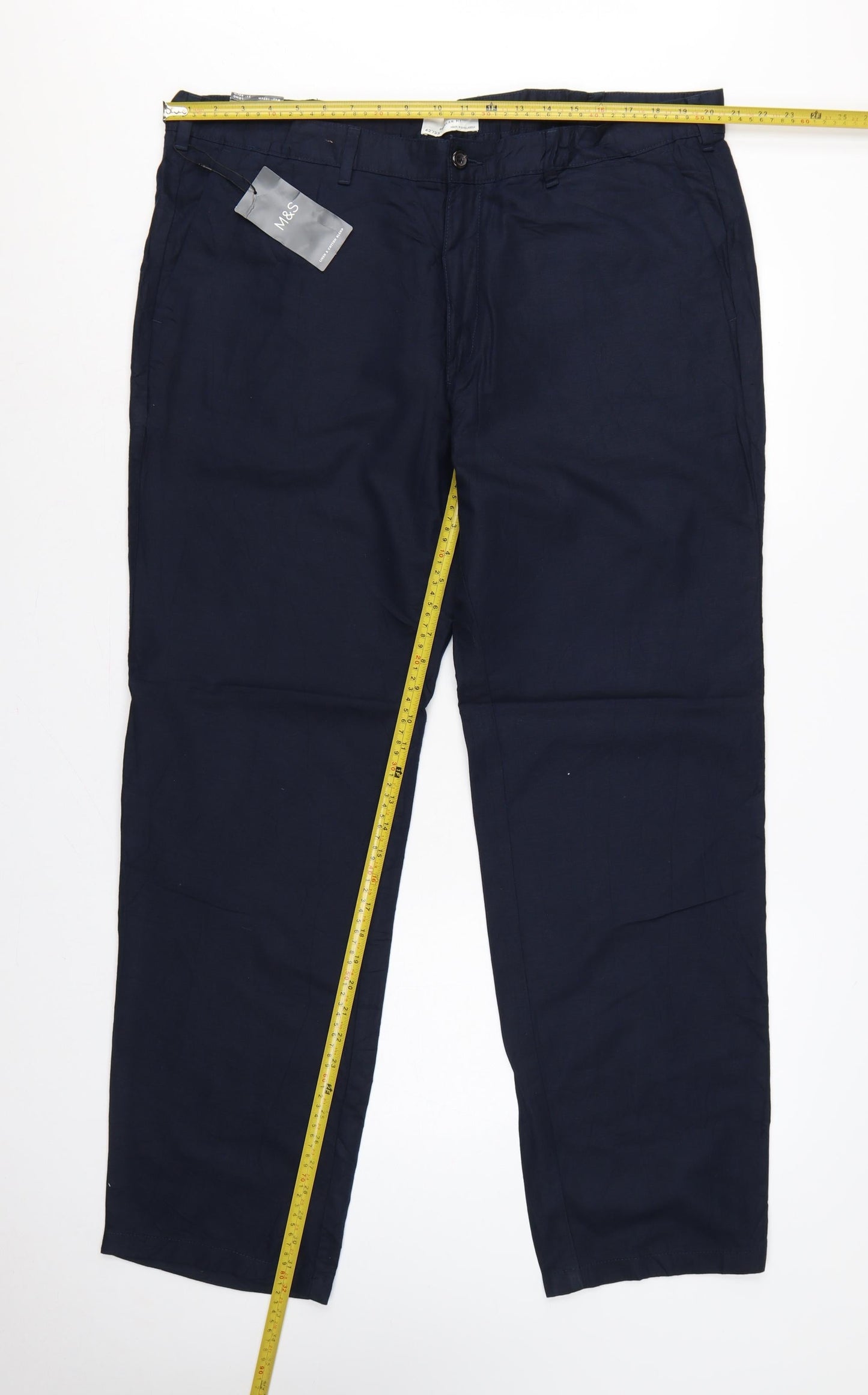 Marks & Spencer Men Blue 42 33 Regular Fit Linen Cotton Chino Trousers