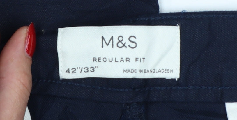 Marks & Spencer Men Blue 42 33 Regular Fit Linen Cotton Chino Trousers