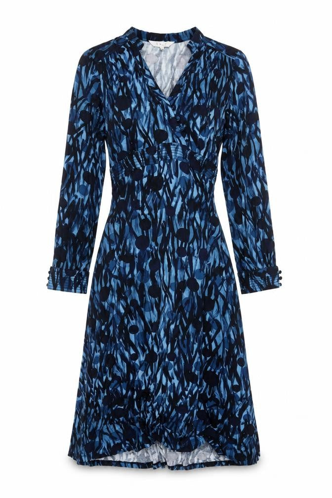 East Women Blue Print Size 14 Long Sleeve Fit & Flare Belted Dress
