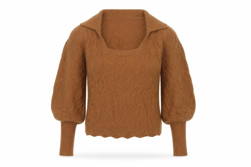 Warehouse Women Brown S Collared Puff Sleeve Open-Knit Jumper