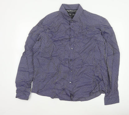 Additional front view of Autograph Men Blue Striped Floral Cotton Shirt 2XL Long Sleeve