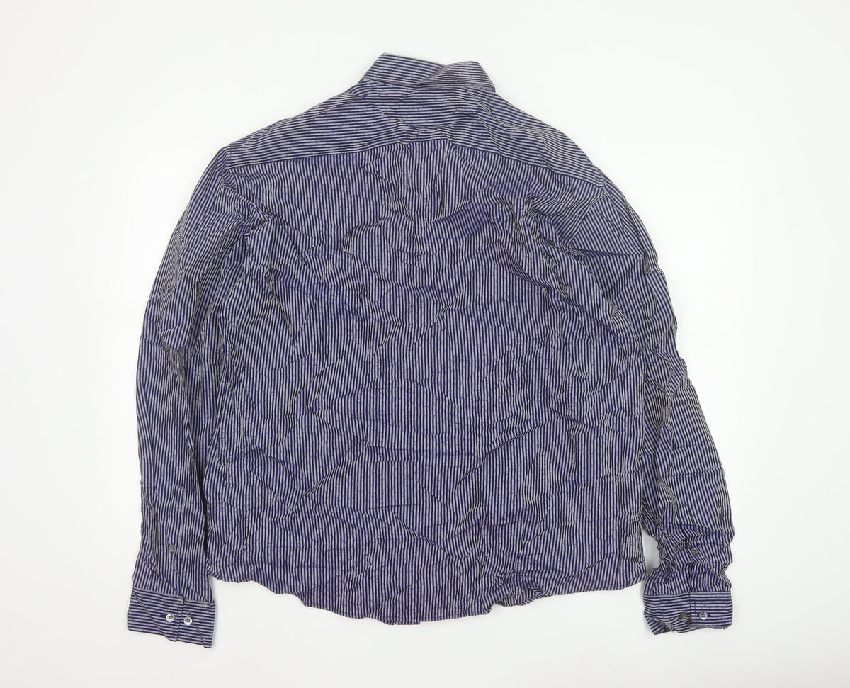 Autograph Men Blue Striped Floral Cotton Shirt 2XL Long Sleeve