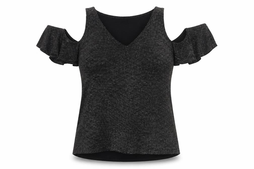 Lipsy London Women’s Black Glitter Cold Shoulder V-Neck Basic Top UK 8