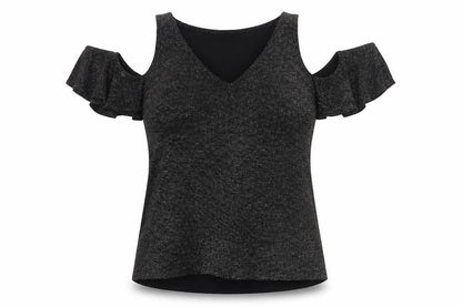 Lipsy London Women’s Black Glitter Cold Shoulder V-Neck Basic Top UK 8