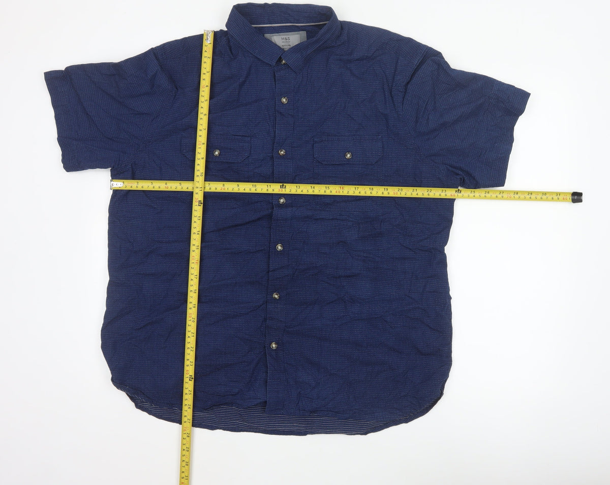 Marks & Spencer Men Blue XL Regular Cotton Short Sleeve Button-Up Shirt