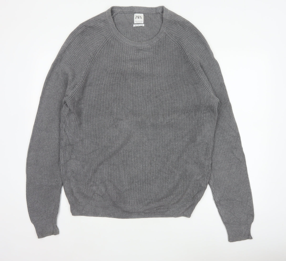 Zara Men Grey XL Fine Cotton Ribbed Crew Neck Pullover Jumper